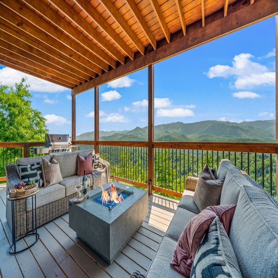 Premier Mountain Views' crackling fire pit